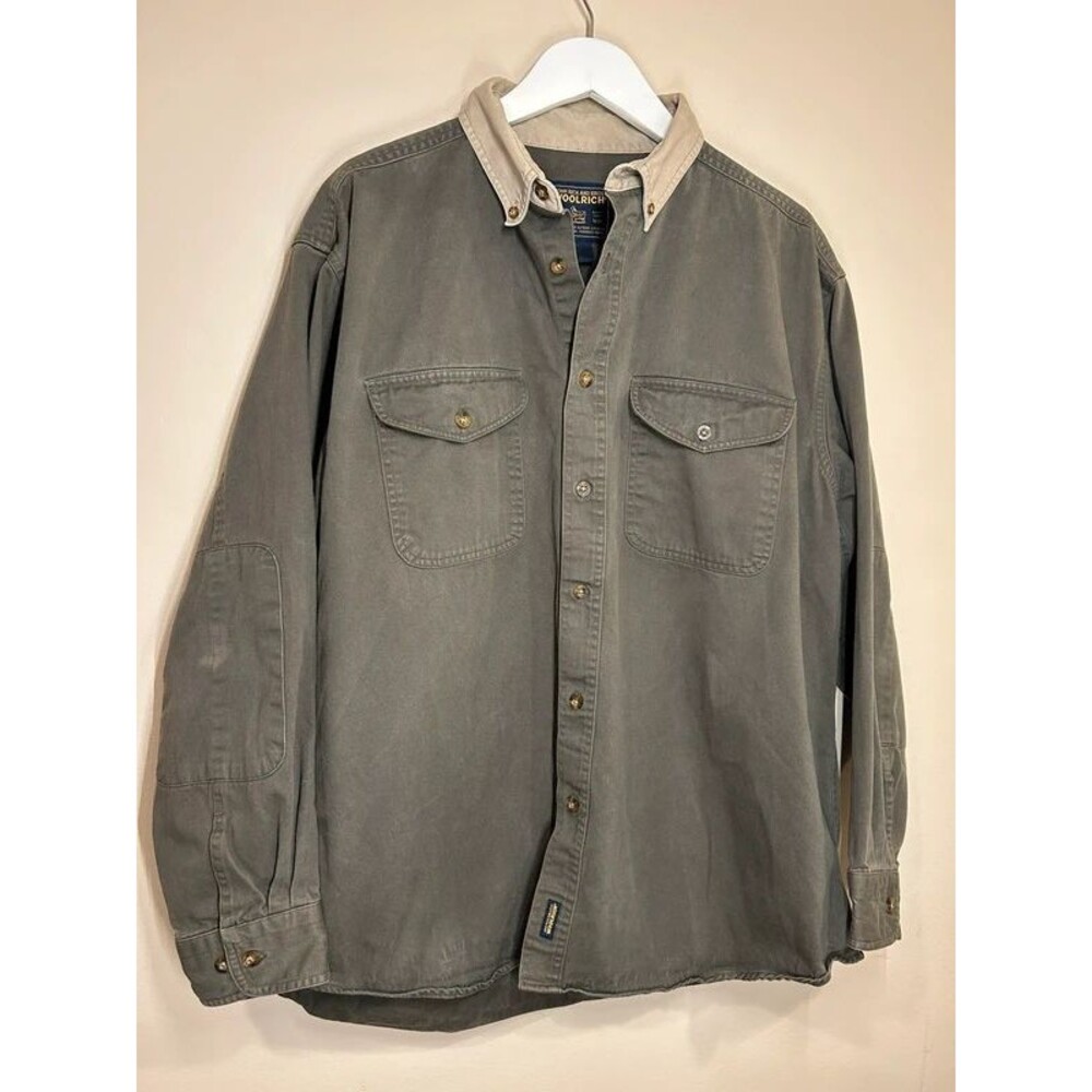 Woolrich Men's XL Olive Green Khaki Heavyweight Button Shacket Barn Jacket Fall